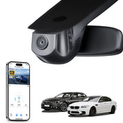 Car rearview mirror built-in dash cam with smartphone app control, 4K Ultra HD recording, GPS tracking, and BMW 5 Series Gen6 models in the background.