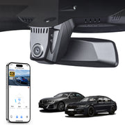 Car rearview mirror built-in dash cam with smartphone app control, 4K Ultra HD recording, GPS tracking, and BMW 5 Series Gen7 models in the background.