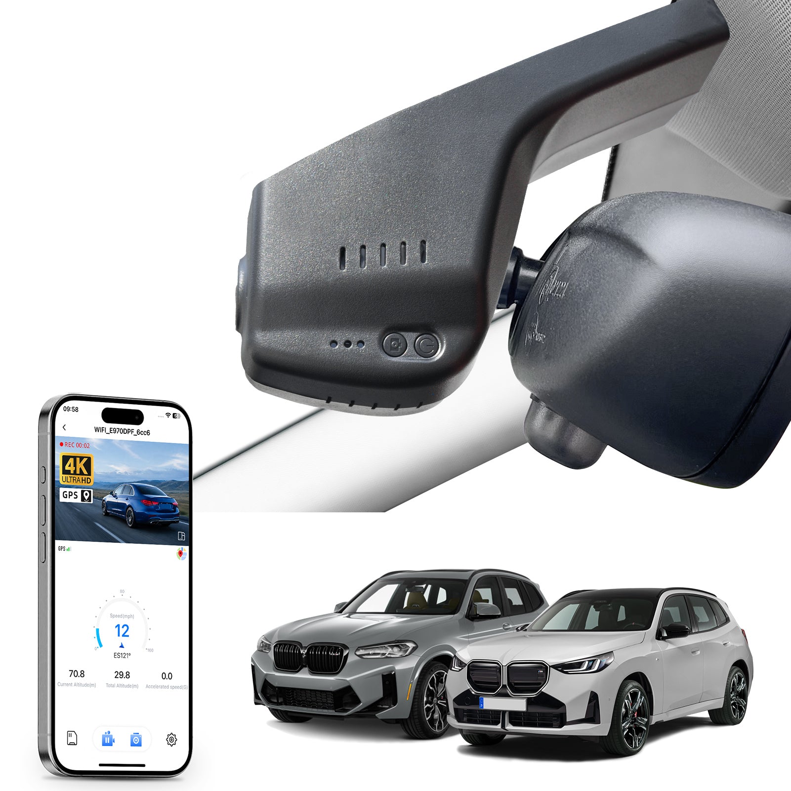Car rearview mirror built-in dash cam with smartphone app control, 4K Ultra HD recording, GPS tracking, and BMW X3 Gen3 SUV models in the background.