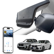 Car rearview mirror built-in dash cam with smartphone app control, 4K Ultra HD recording, GPS tracking, and BMW X3 Gen3 SUV models in the background.