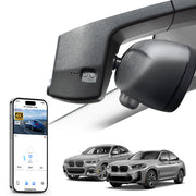 Car rearview mirror built-in dash cam with smartphone app control, 4K Ultra HD recording, GPS tracking, and BMW X4 Gen2 SAC models in the background.