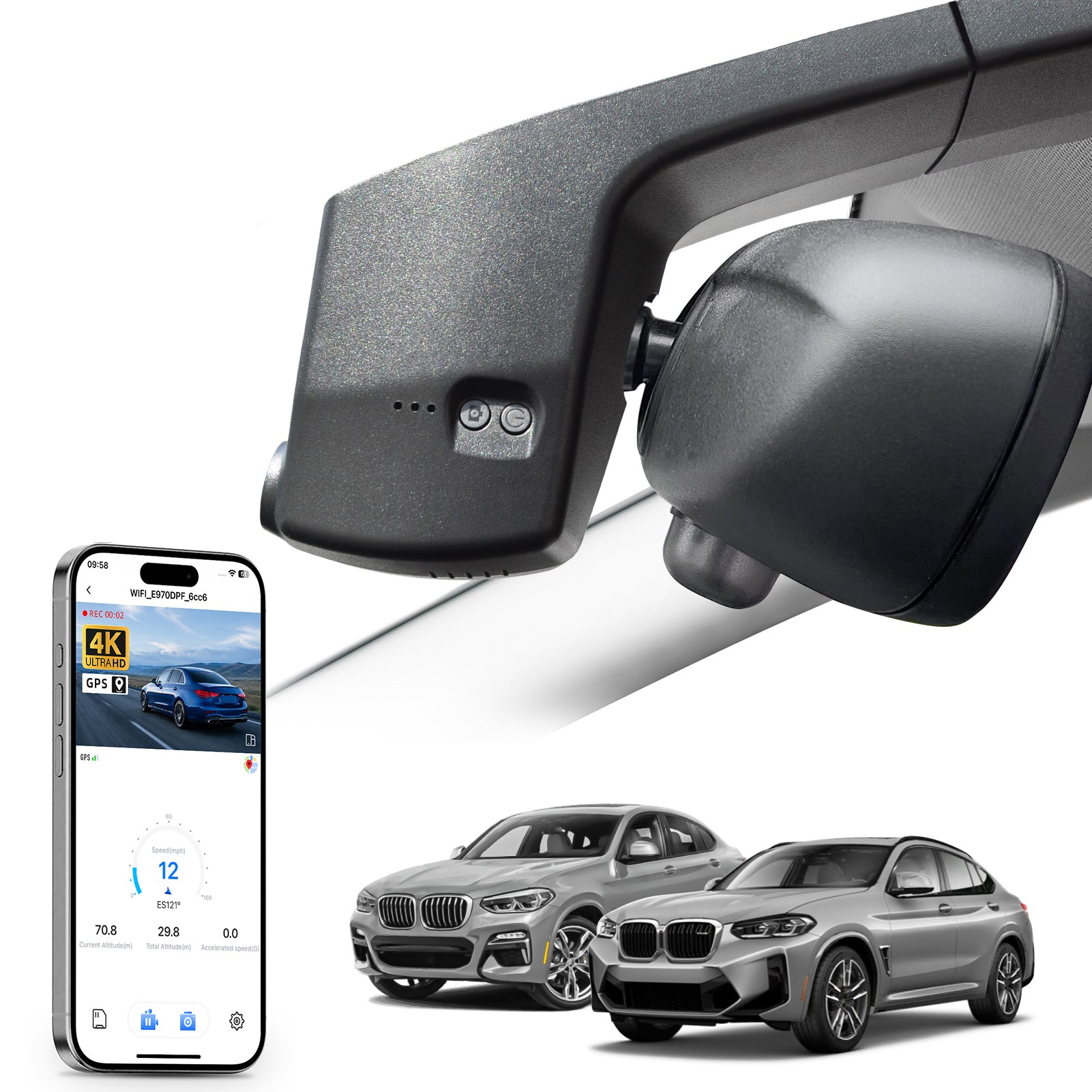 Car rearview mirror built-in dash cam with smartphone app control, 4K Ultra HD recording, GPS tracking, and BMW X4 Gen2 SAC models in the background.