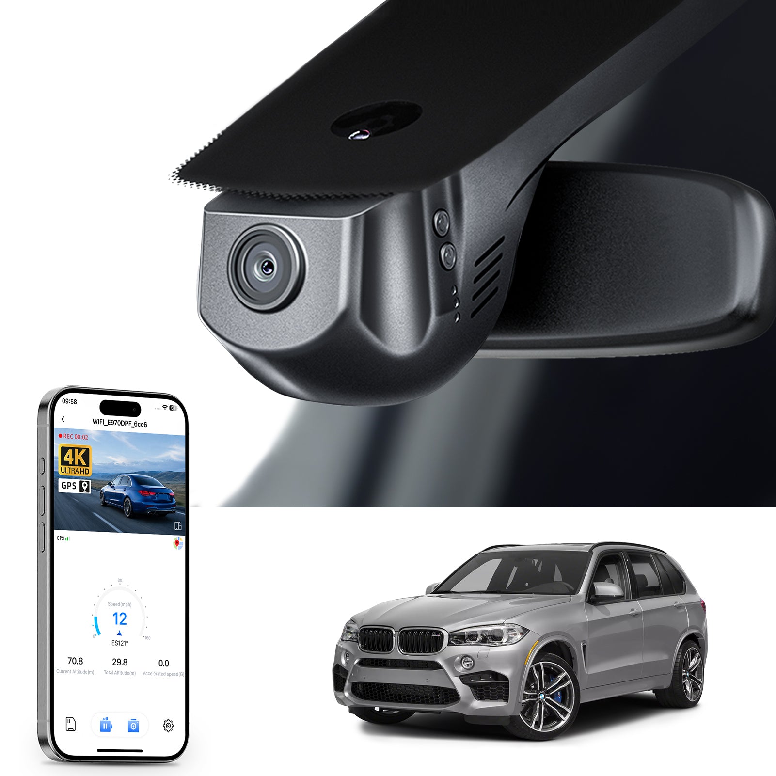 Car rearview mirror built-in dash cam with smartphone app control, 4K Ultra HD recording, GPS tracking, and BMW X5 Gen3 SUV models in the background.