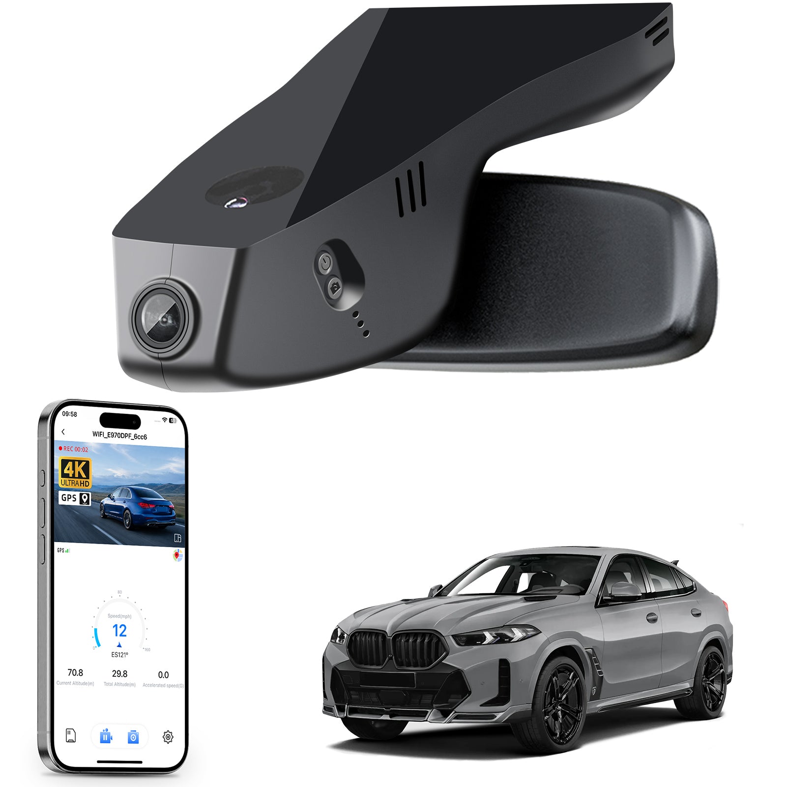 Car rearview mirror built-in dash cam with smartphone app control, 4K Ultra HD recording, GPS tracking, and BMW X6 Gen3 SUV models in the background.