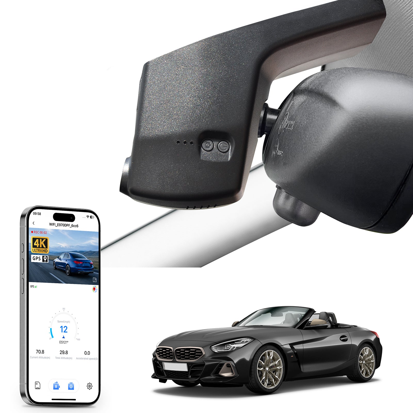 Car rearview mirror built-in dash cam with smartphone app control, 4K Ultra HD recording, GPS tracking, and BMW Z4 Sports Car models in the background.