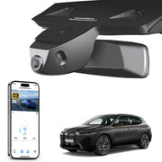 Car rearview mirror built-in dash cam with smartphone app control, 4K Ultra HD recording, GPS tracking, and BMW iX SUV  models in the background.