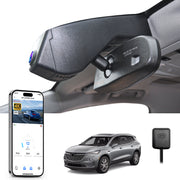 Car rearview mirror built-in dash cam with smartphone app control, 4K Ultra HD recording, GPS tracking, and Buick Enclave SUV models in the background.