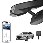 Car rearview mirror built-in dash cam with smartphone app control, 4K Ultra HD recording, GPS tracking, and Buick Lacrosse car models in the background.