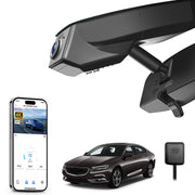 Car rearview mirror built-in dash cam with smartphone app control, 4K Ultra HD recording, GPS tracking, and Buick Regal car models in the background.