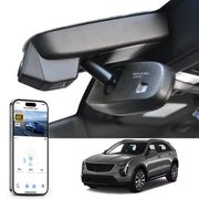 Car rearview mirror built-in dash cam with smartphone app control, 4K Ultra HD recording, GPS tracking, and Cadillac XT4 SUV models in the background.