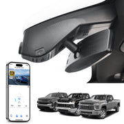 Car rearview mirror built-in dash cam with smartphone app control, 4K Ultra HD recording, GPS tracking, and Chevy Silverado pickup truck models in the background.
