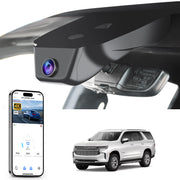 Car rearview mirror built-in dash cam with smartphone app control, 4K Ultra HD recording, GPS tracking, and Chevy Suburban Tahoe SUV models in the background.