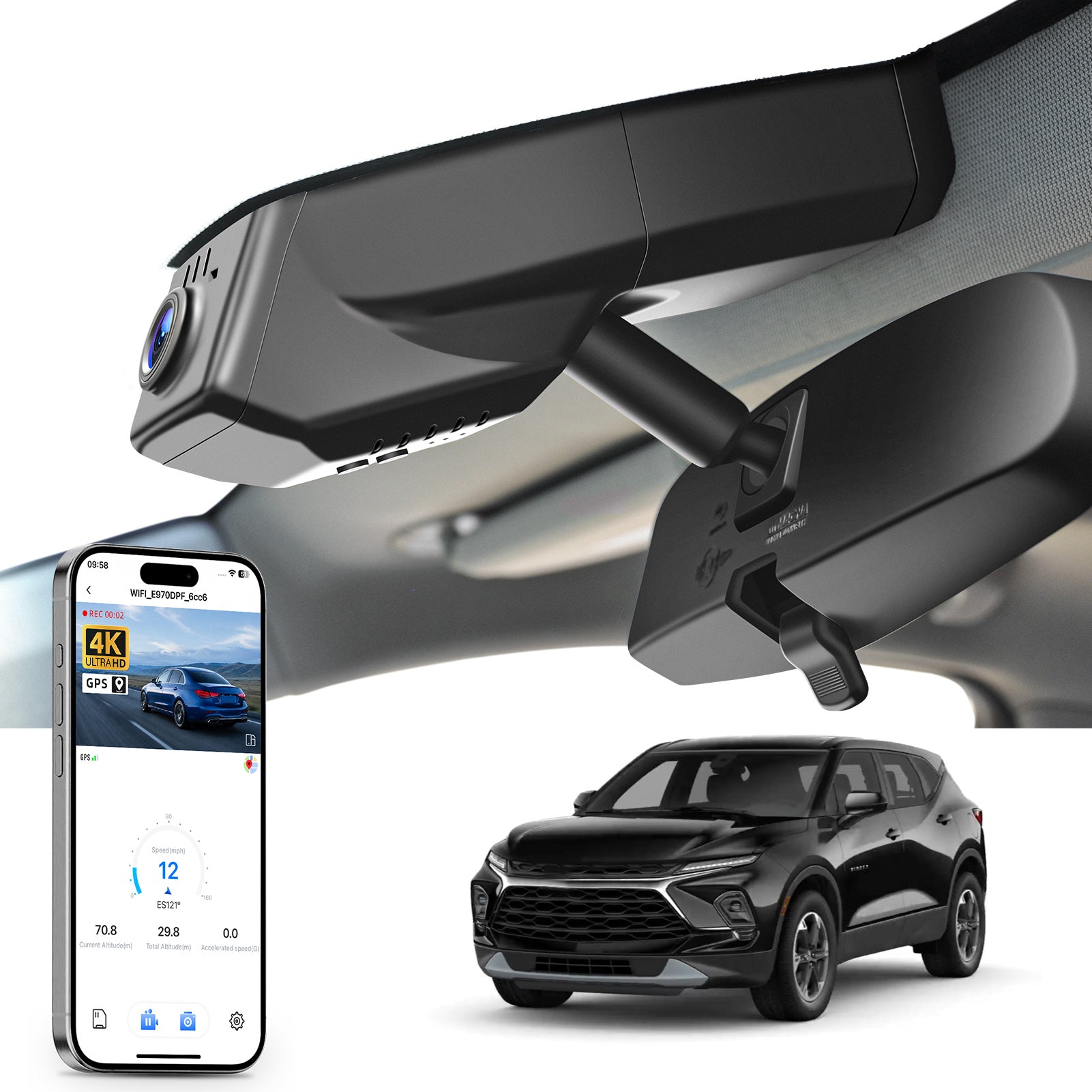 Car rearview mirror built-in dash cam with smartphone app control, 4K Ultra HD recording, GPS tracking, and Chevy Colorado Truck models in the background.