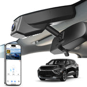 Car rearview mirror built-in dash cam with smartphone app control, 4K Ultra HD recording, GPS tracking, and Chevy Colorado Truck models in the background.