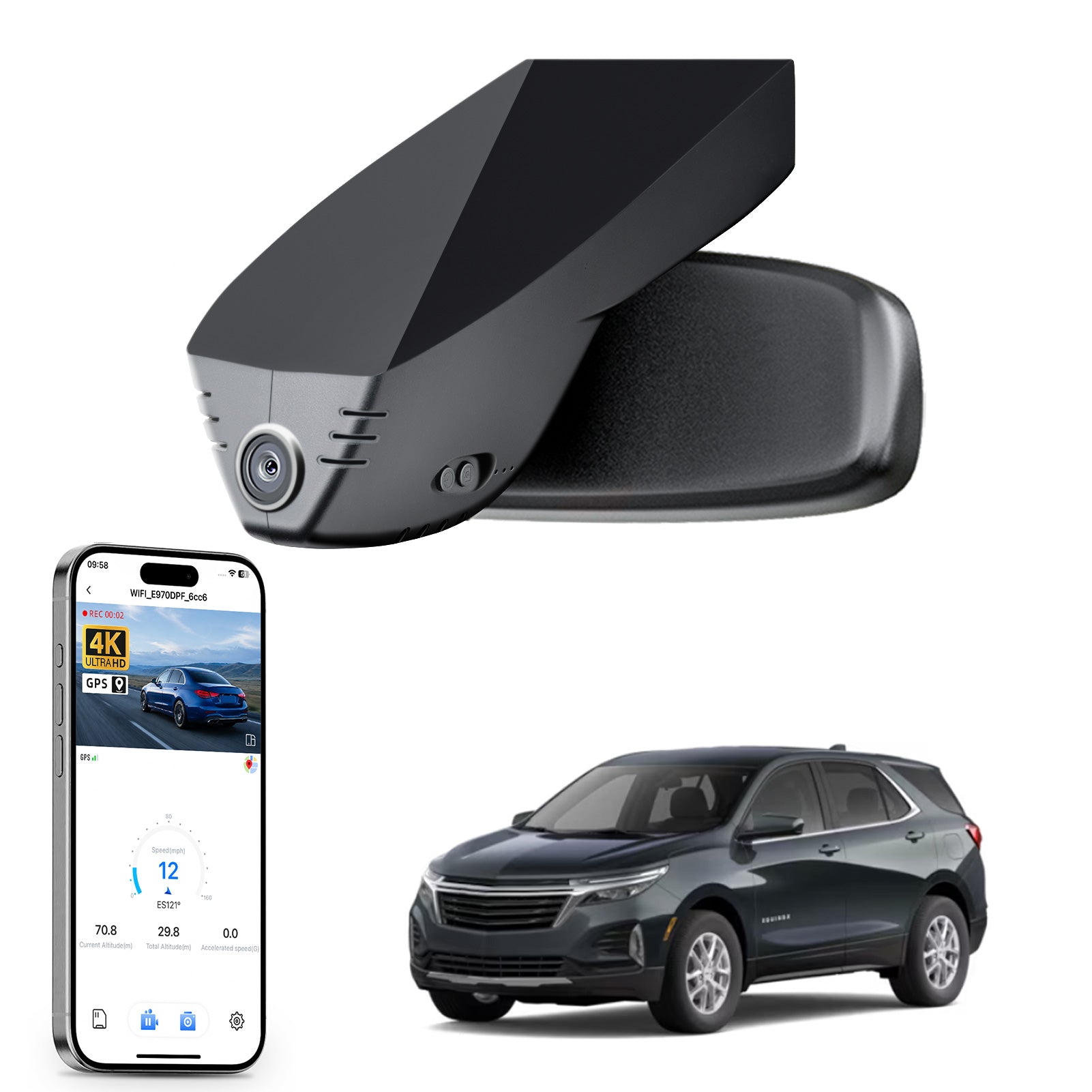 Car rearview mirror built-in dash cam with smartphone app control, 4K Ultra HD recording, GPS tracking, and Chevy Equinox SUV models in the background.