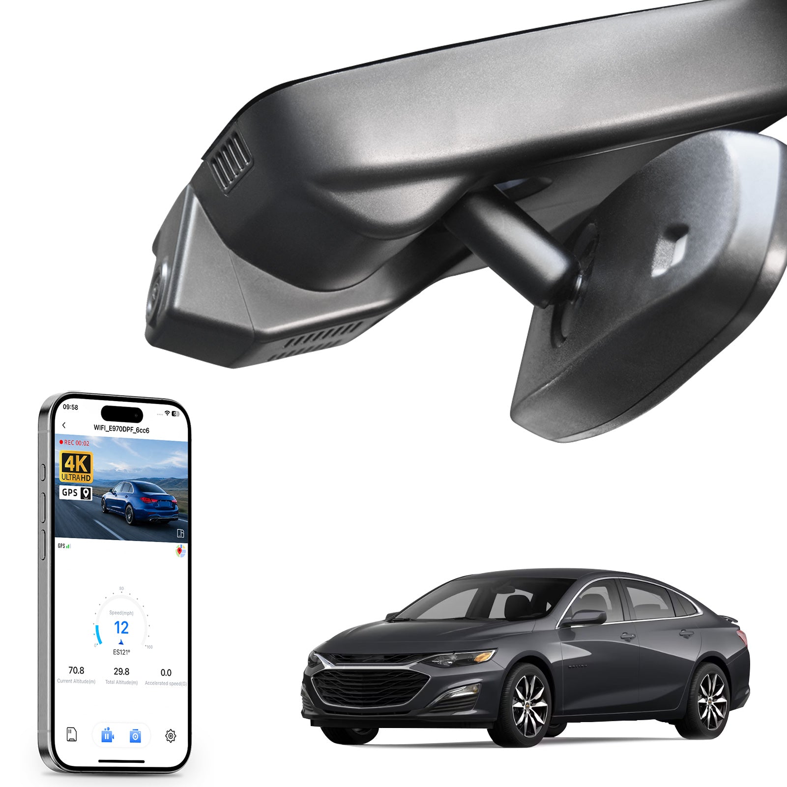 Car rearview mirror built-in dash cam with smartphone app control, 4K Ultra HD recording, GPS tracking, and Chevy Malibu vehicles models in the background.