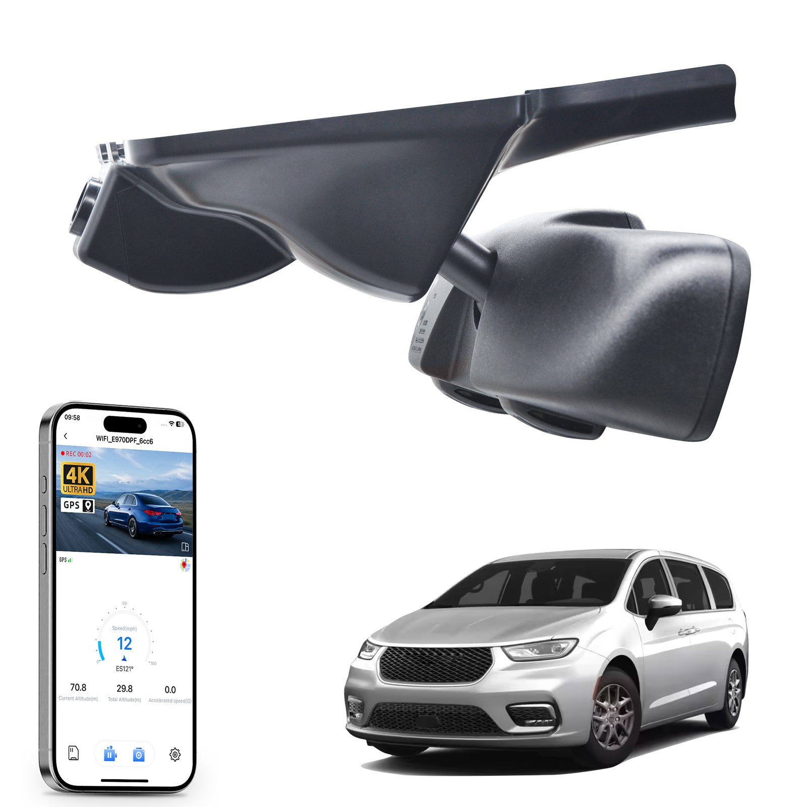 Car rearview mirror built-in dash cam with smartphone app control, 4K Ultra HD recording, GPS tracking, and Chrysler Pacifica MPV models in the background.