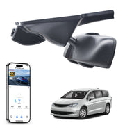 Car rearview mirror built-in dash cam with smartphone app control, 4K Ultra HD recording, GPS tracking, and Chrysler Voyager MPV models in the background.