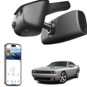 Car rearview mirror dash cam with smartphone app control, 4K Ultra HD recording, GPS tracking, and Dodge Challenger car models in the background.