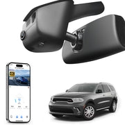 Car dashboard camera with smartphone app control, 4K Ultra HD recording, GPS tracking, and Dodge Durango SUV models in the background.