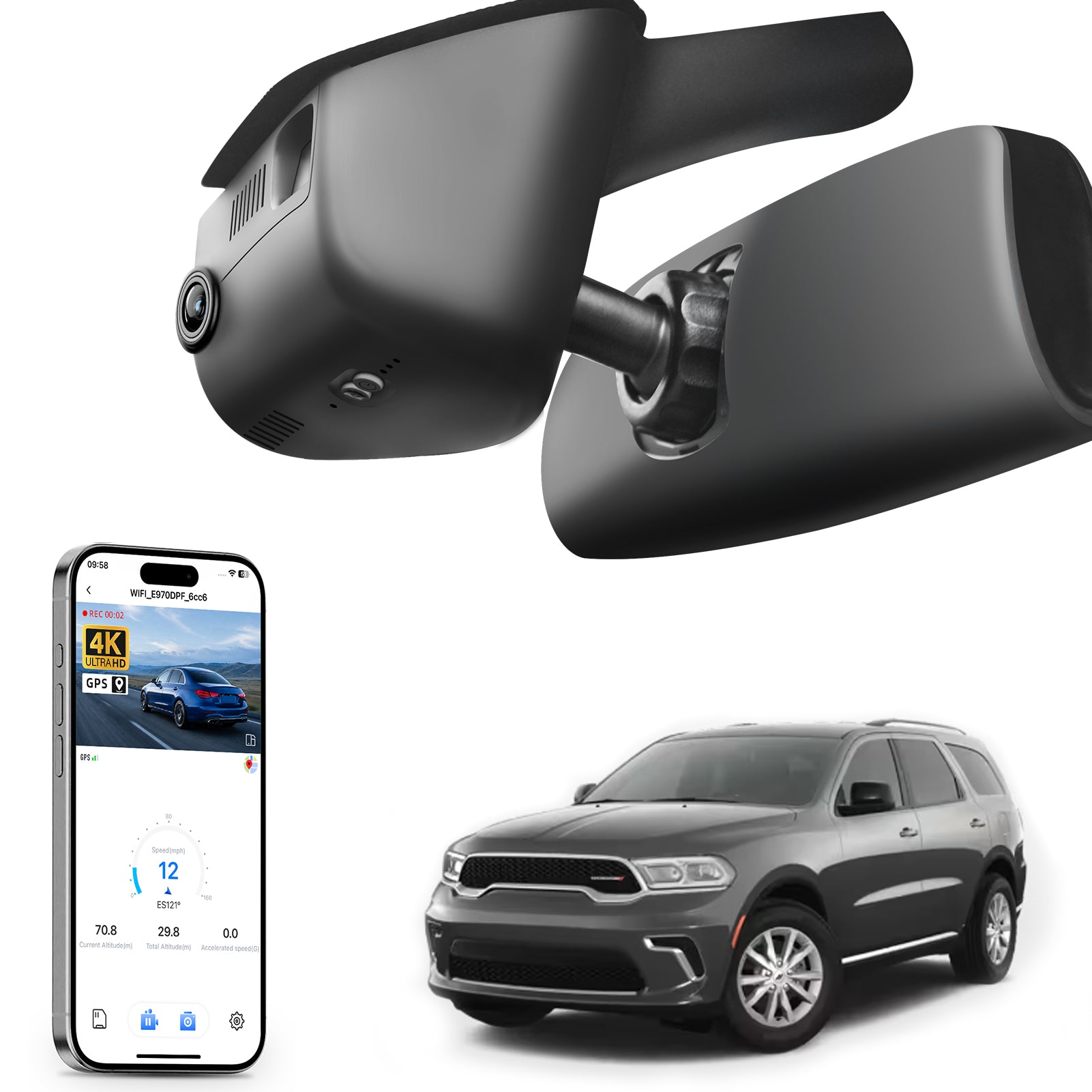 Car dashboard camera with smartphone app control, 4K Ultra HD recording, GPS tracking, and Dodge Durango SUV models in the background.