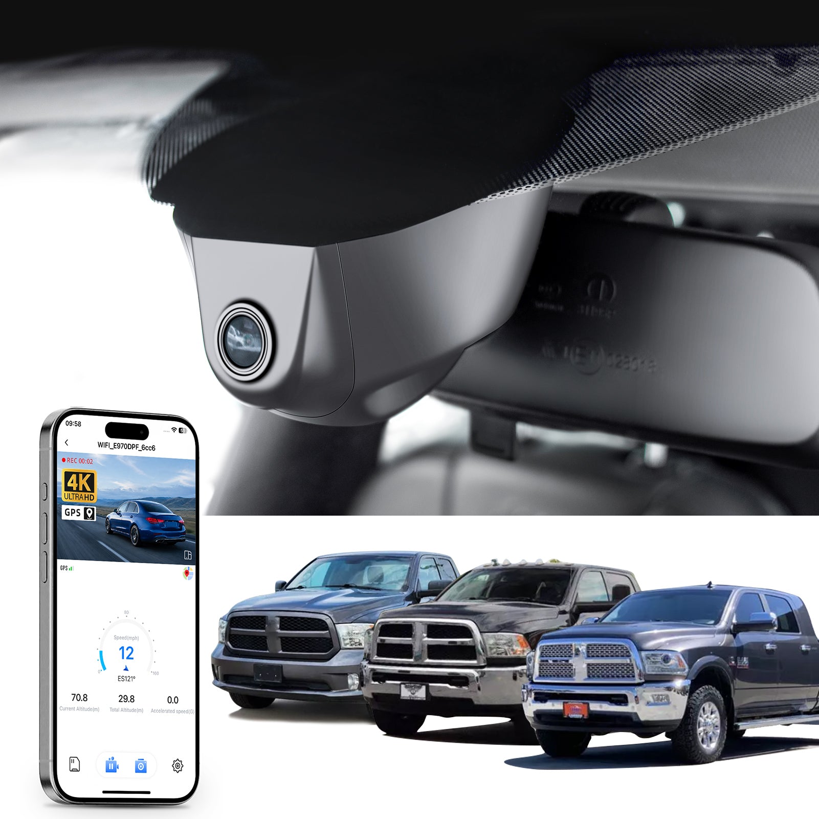 Car rearview mirror built-in dash cam with smartphone app control, 4K Ultra HD recording, GPS tracking, and Dodge RAM Gen4 Pickup models in the background.