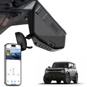 Car dashboard camera, smartphone app control, 4K Ultra HD recording, GPS tracking, and Ford Bronco SUV models in the background