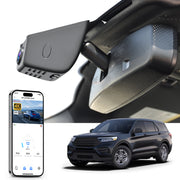 Car dashboard camera, smartphone app control, 4K Ultra HD recording, GPS tracking, and Ford Explorer SUV models in the background.