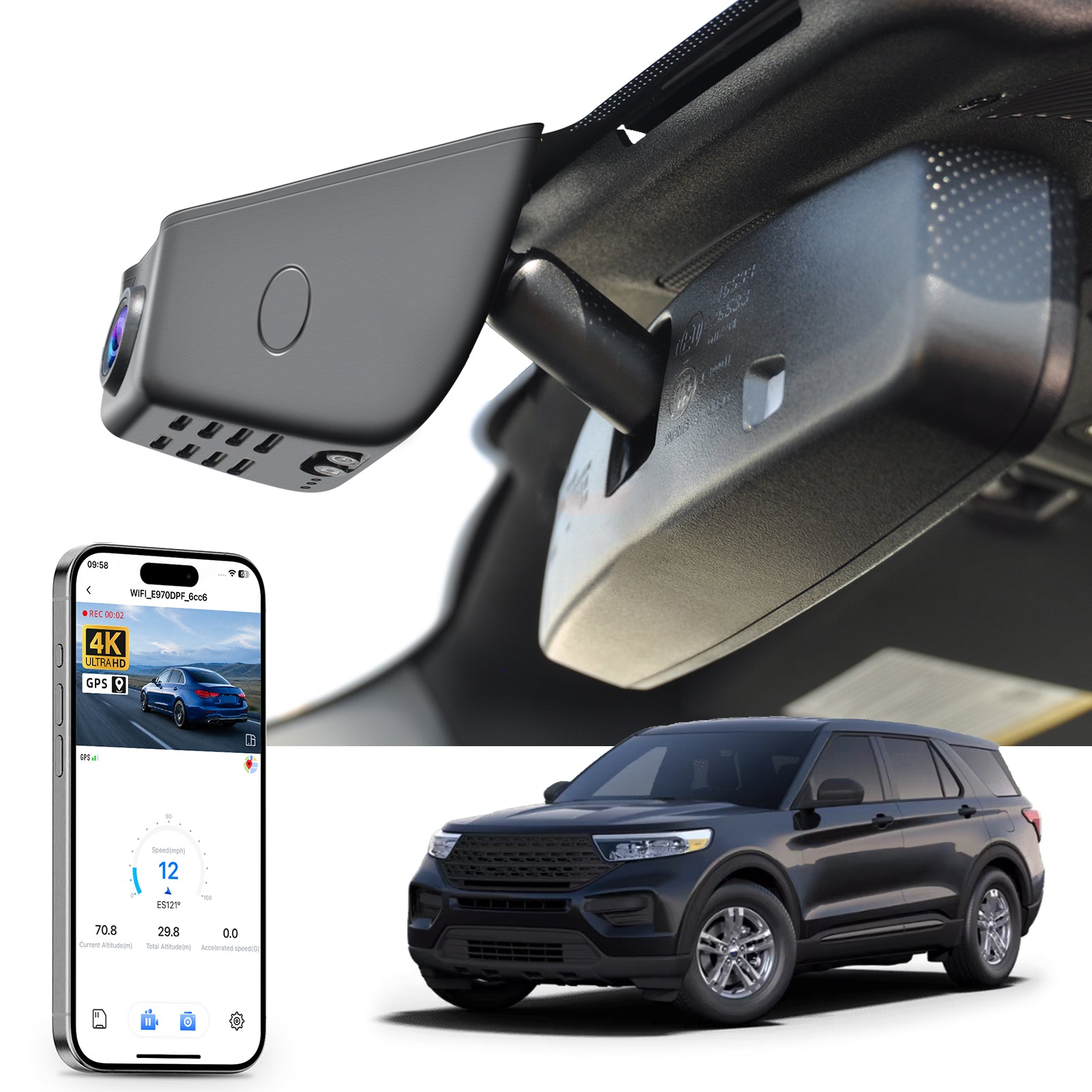 Car dashboard camera, smartphone app control, 4K Ultra HD recording, GPS tracking, and Ford Explorer SUV models in the background.