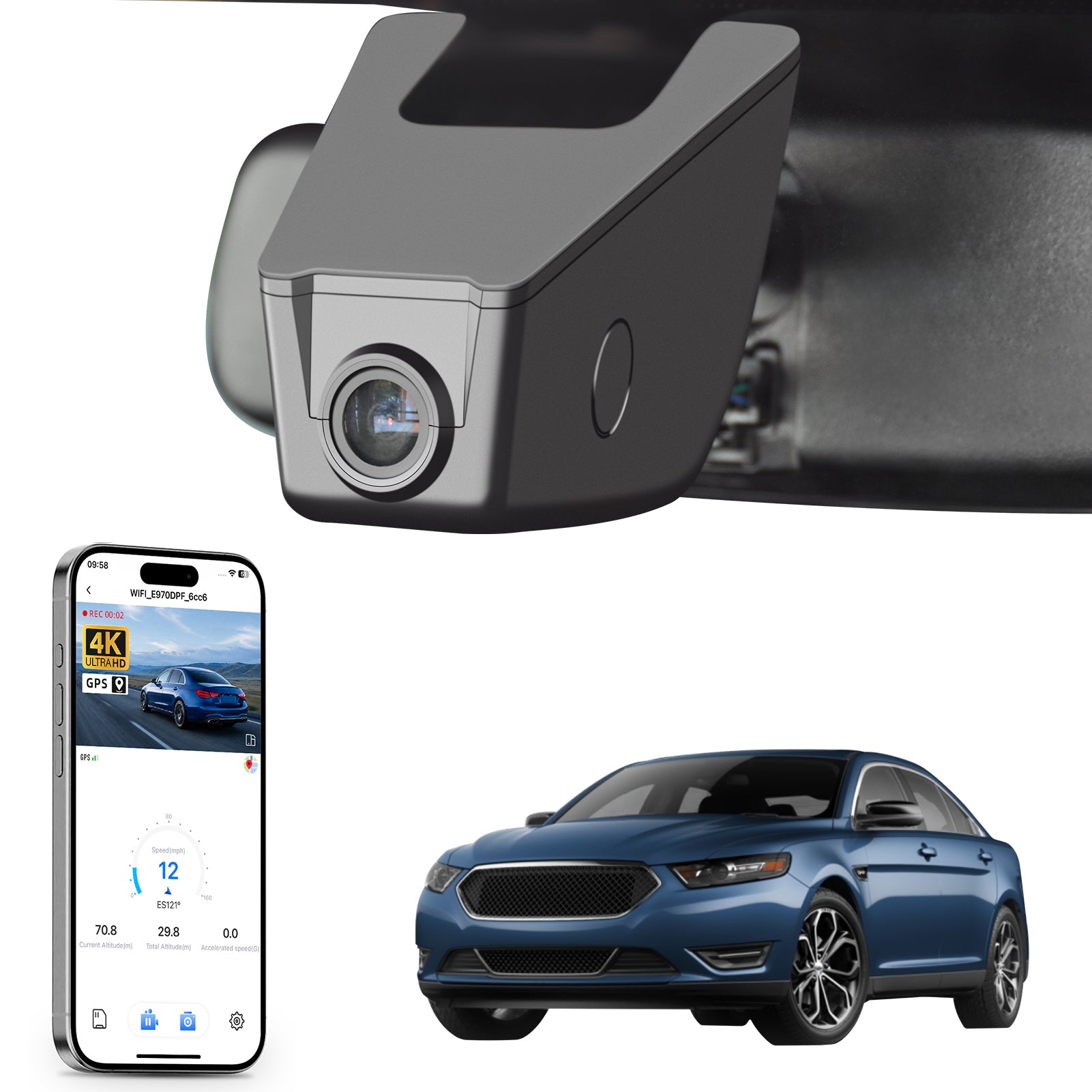 Car rearview mirror built-in dash cam with smartphone app control, 4K Ultra HD recording, GPS tracking, and Ford Taurus Sedan models in the background.