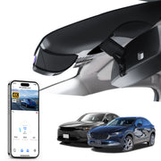 Car rearview mirror built-in dash cam with smartphone app control, 4K Ultra HD recording, GPS tracking, and Mazda CX-30 Crossover models in the background.