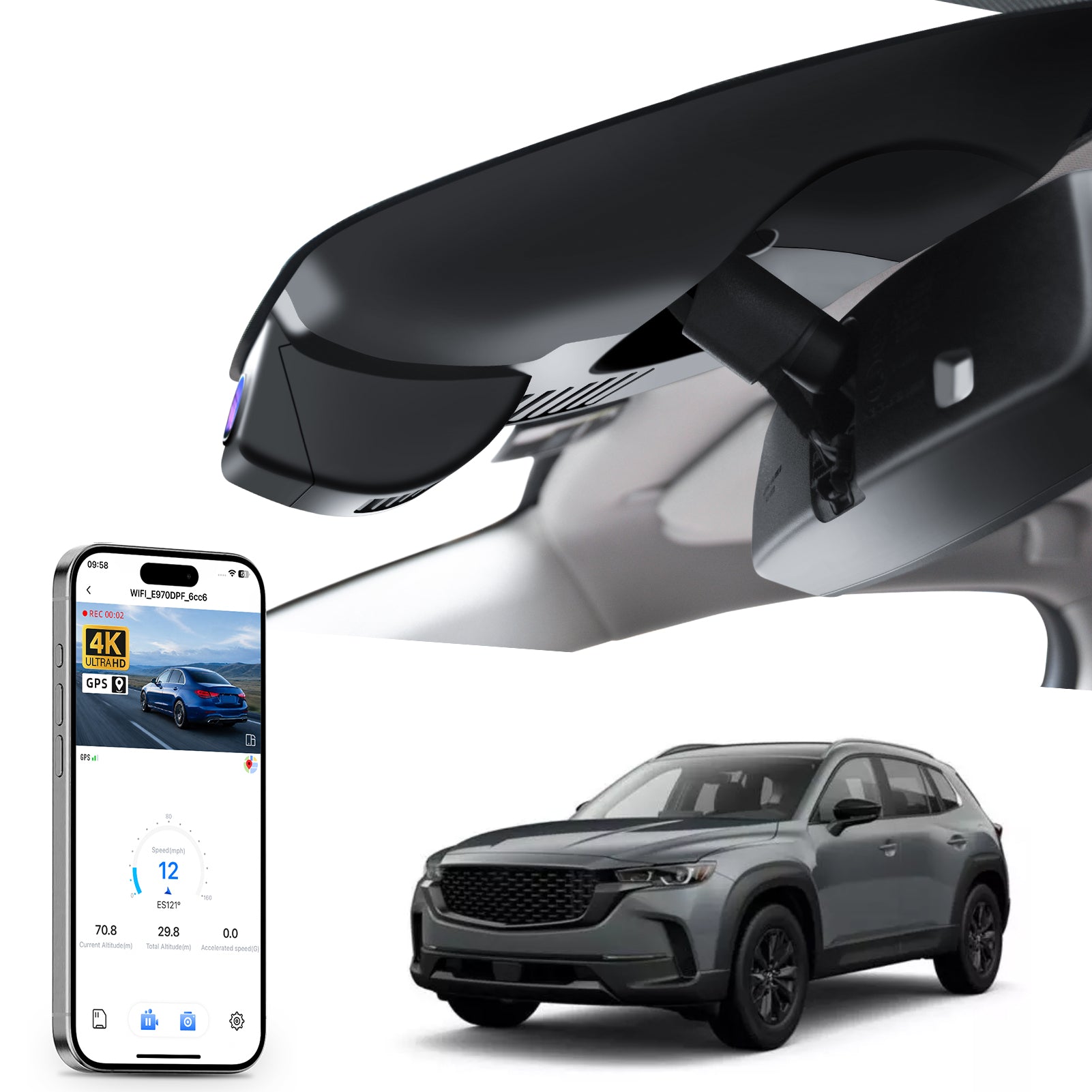 Car rearview mirror built-in dash cam with smartphone app control, 4K Ultra HD recording, GPS tracking, and Mazda CX-50 Off-road SUV models in the background.