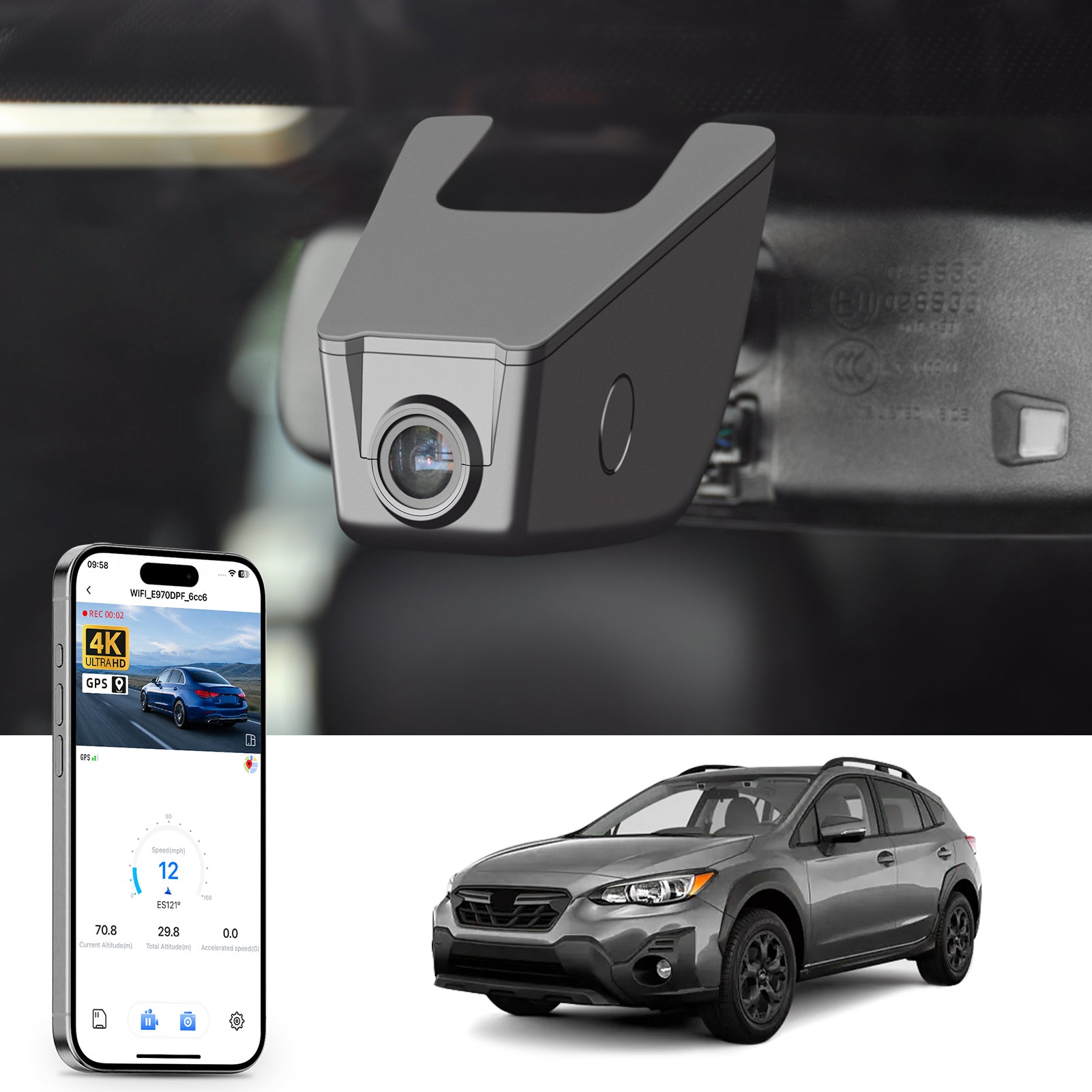 Car rearview mirror built-in dash cam with smartphone app control, 4K Ultra HD recording, GPS tracking, and Subaru Crosstrek SUV models in the background.