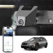 Car rearview mirror built-in dash cam with smartphone app control, 4K Ultra HD recording, GPS tracking, and Subaru Crosstrek SUV models in the background.