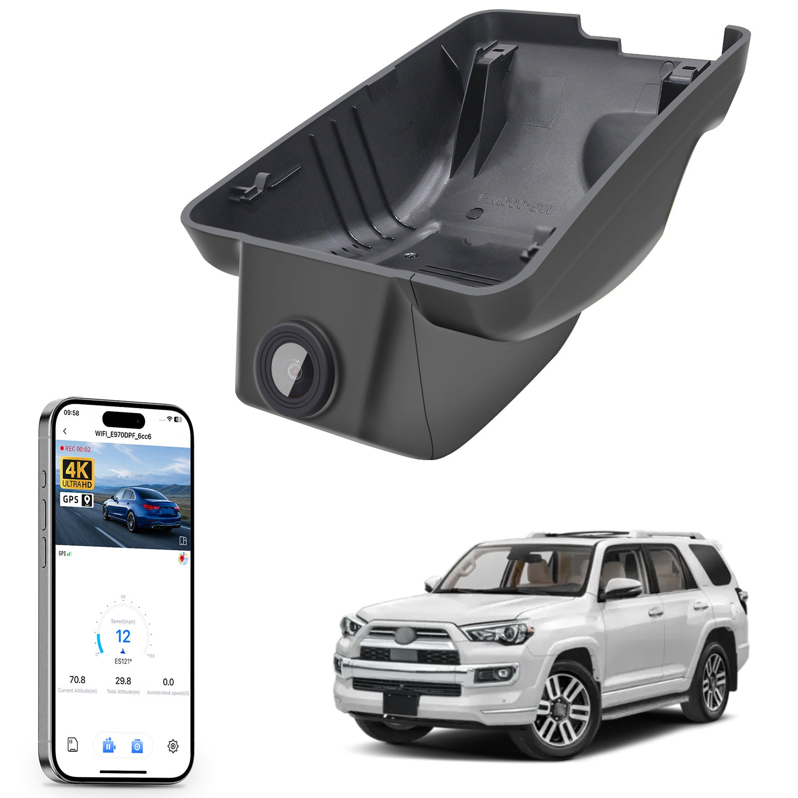 Car rearview mirror built-in dash cam with smartphone app control, 4K Ultra HD recording, GPS tracking, and Toyota 4Runner Off-road SUV models in the background.