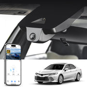 Car rearview mirror built-in dash cam with smartphone app control, 4K Ultra HD recording, GPS tracking, and Toyota Camry Sedan models in the background.