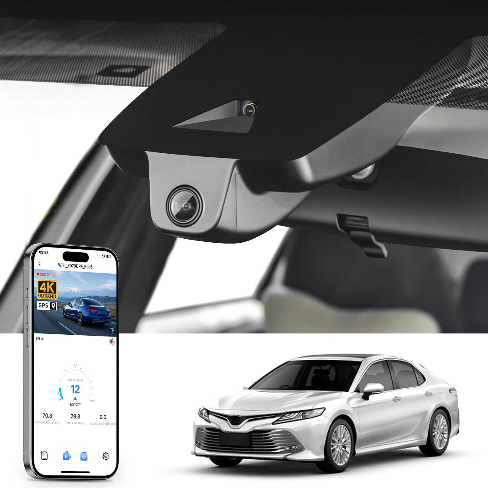 Car rearview mirror built-in dash cam with smartphone app control, 4K Ultra HD recording, GPS tracking, and Toyota Camry Sedan models in the background.