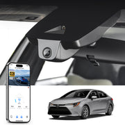 Car rearview mirror built-in dash cam with smartphone app control, 4K Ultra HD recording, GPS tracking, and Toyota Corolla Sedan models in the background.