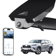Car rearview mirror built-in dash cam with smartphone app control, 4K Ultra HD recording, GPS tracking, and Toyota Highlander SUV models in the background.
