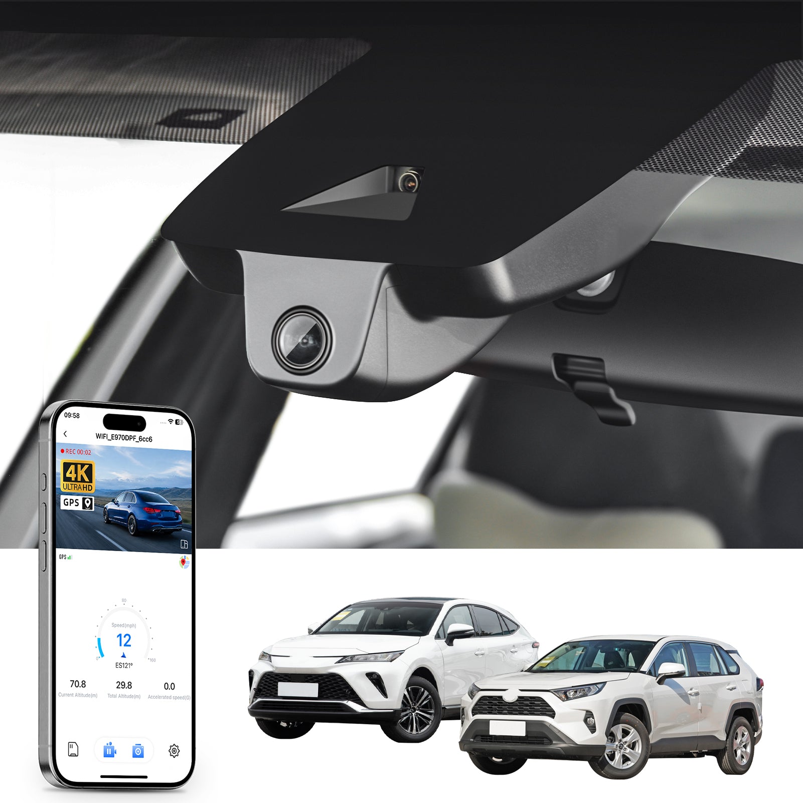 Car rearview mirror built-in dash cam with smartphone app control, 4K Ultra HD recording, GPS tracking, and Toyota RAV4 SUV models in the background.