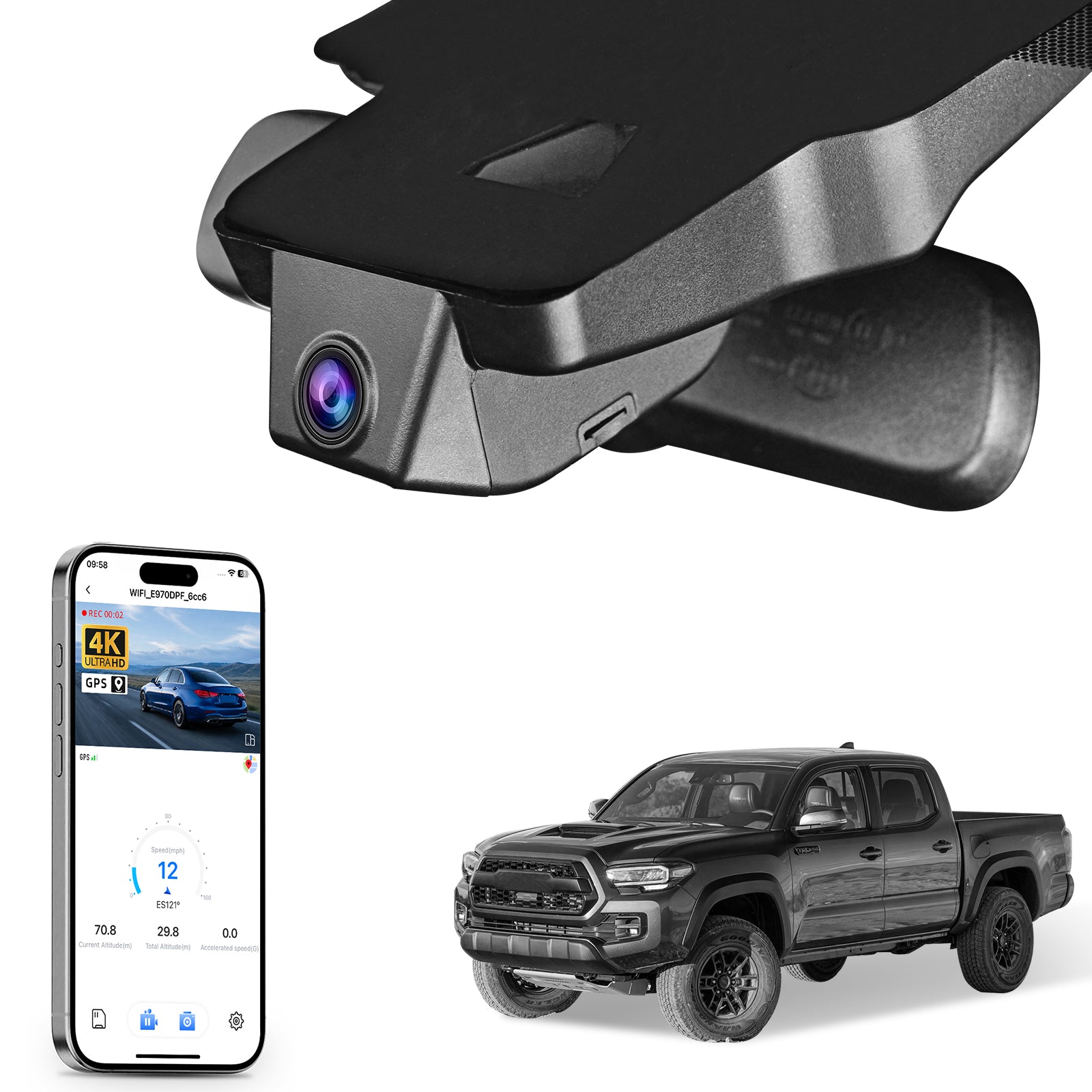 Car rearview mirror built-in dash cam with smartphone app control, 4K Ultra HD recording, GPS tracking, and Toyota Tacoma Pickup models in the background.