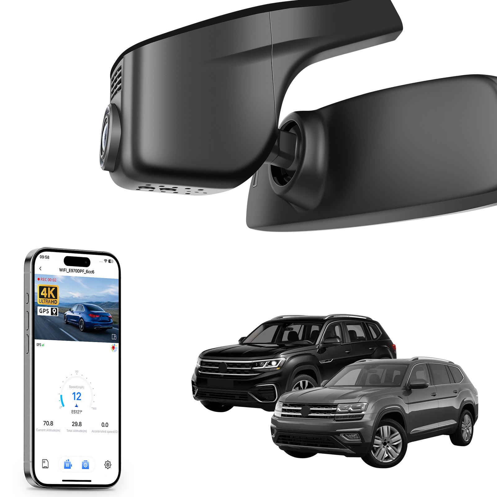 Car rearview mirror built-in dash cam with smartphone app control, 4K Ultra HD recording, GPS tracking, and Volkswagen Amarok Pickup models in the background.