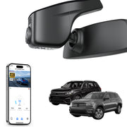 Car rearview mirror built-in dash cam with smartphone app control, 4K Ultra HD recording, GPS tracking, and Volkswagen Amarok Pickup models in the background.