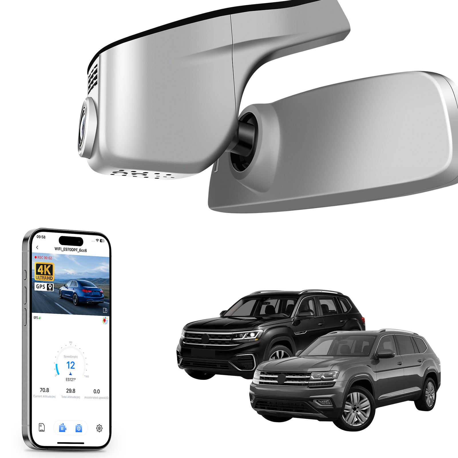 Car rearview mirror built-in dash cam with smartphone app control, 4K Ultra HD recording, GPS tracking, and Volkswagen Amarok Pickup models in the background.