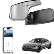 Car rearview mirror built-in dash cam with smartphone app control, 4K Ultra HD recording, GPS tracking, and Volkswagen Arteon Coupe models in the background.