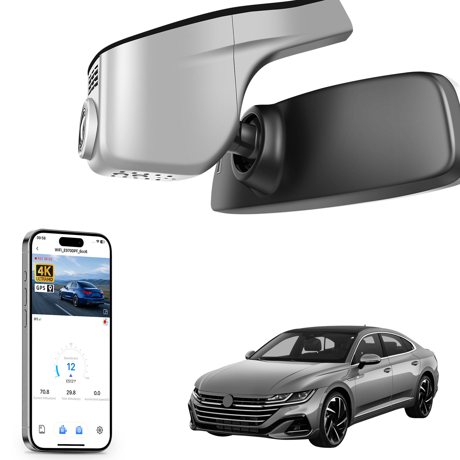 Car rearview mirror built-in dash cam with smartphone app control, 4K Ultra HD recording, GPS tracking, and Volkswagen Arteon Coupe models in the background.