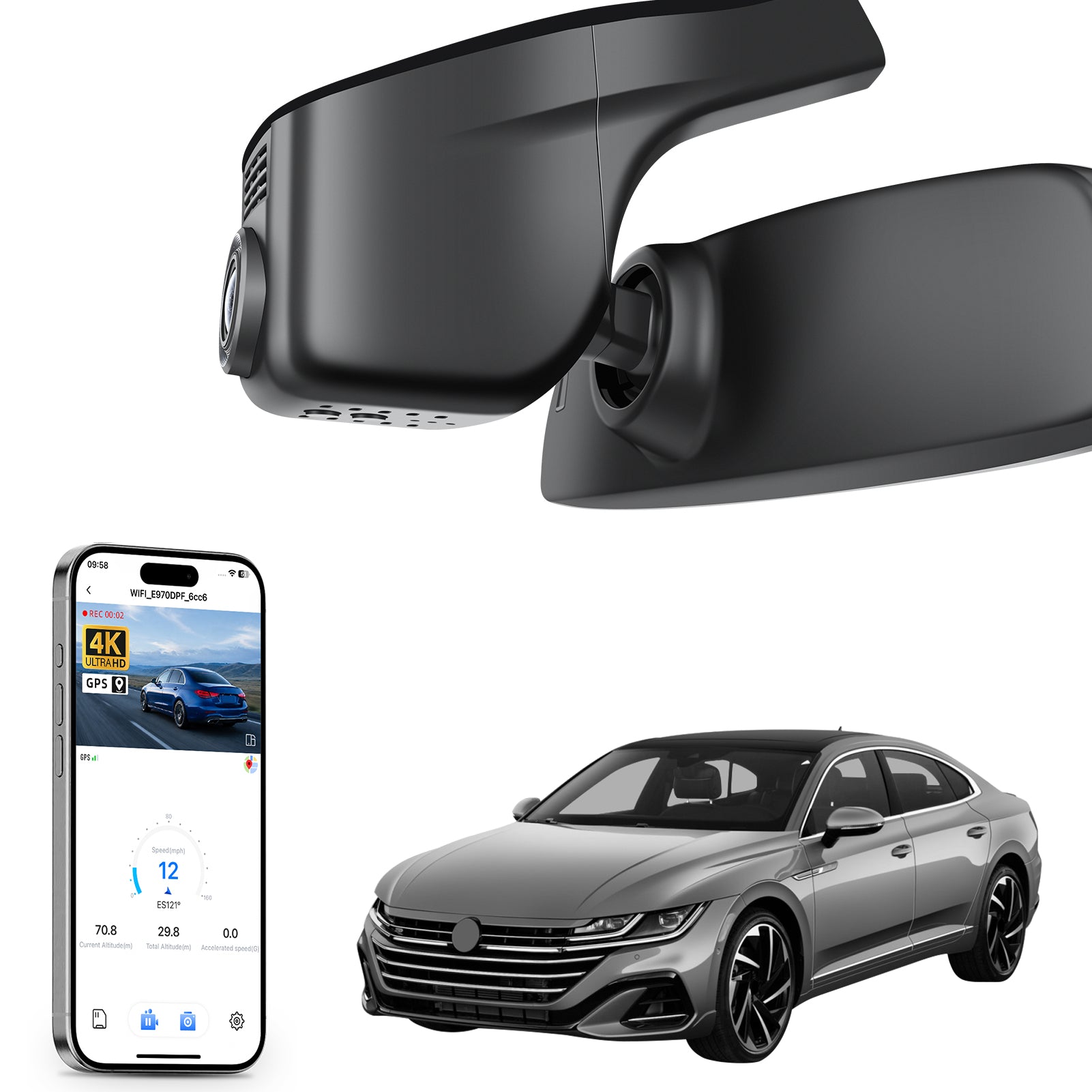 Car rearview mirror built-in dash cam with smartphone app control, 4K Ultra HD recording, GPS tracking, and Volkswagen Arteon Coupe models in the background.