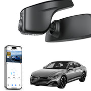 Car rearview mirror built-in dash cam with smartphone app control, 4K Ultra HD recording, GPS tracking, and Volkswagen Arteon Coupe models in the background.