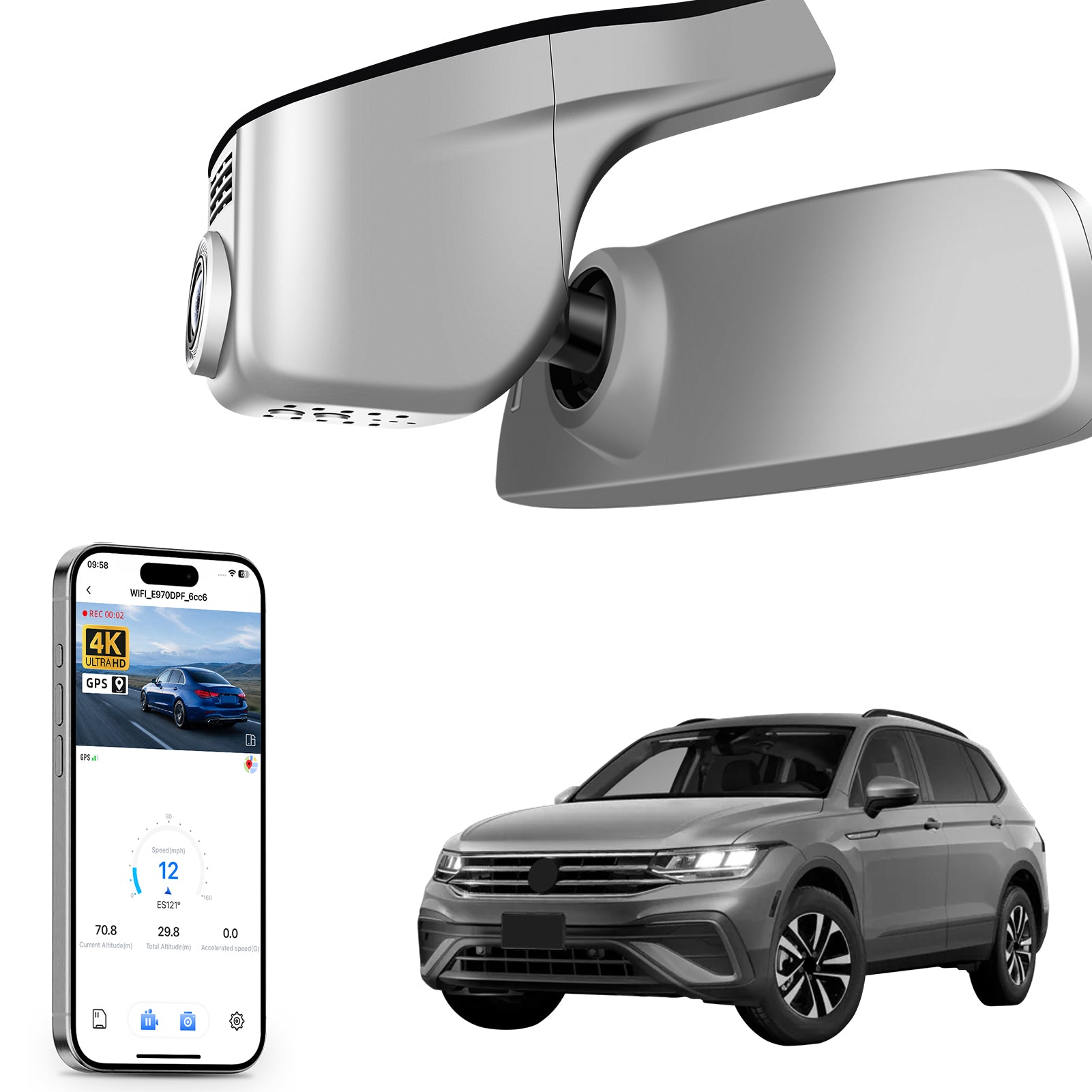 Car rearview mirror built-in dash cam with smartphone app control, 4K Ultra HD recording, GPS tracking, and Volkswagen Tiguan SUV models in the background.