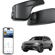 Car rearview mirror built-in dash cam with smartphone app control, 4K Ultra HD recording, GPS tracking, and Volkswagen Tiguan SUV models in the background.